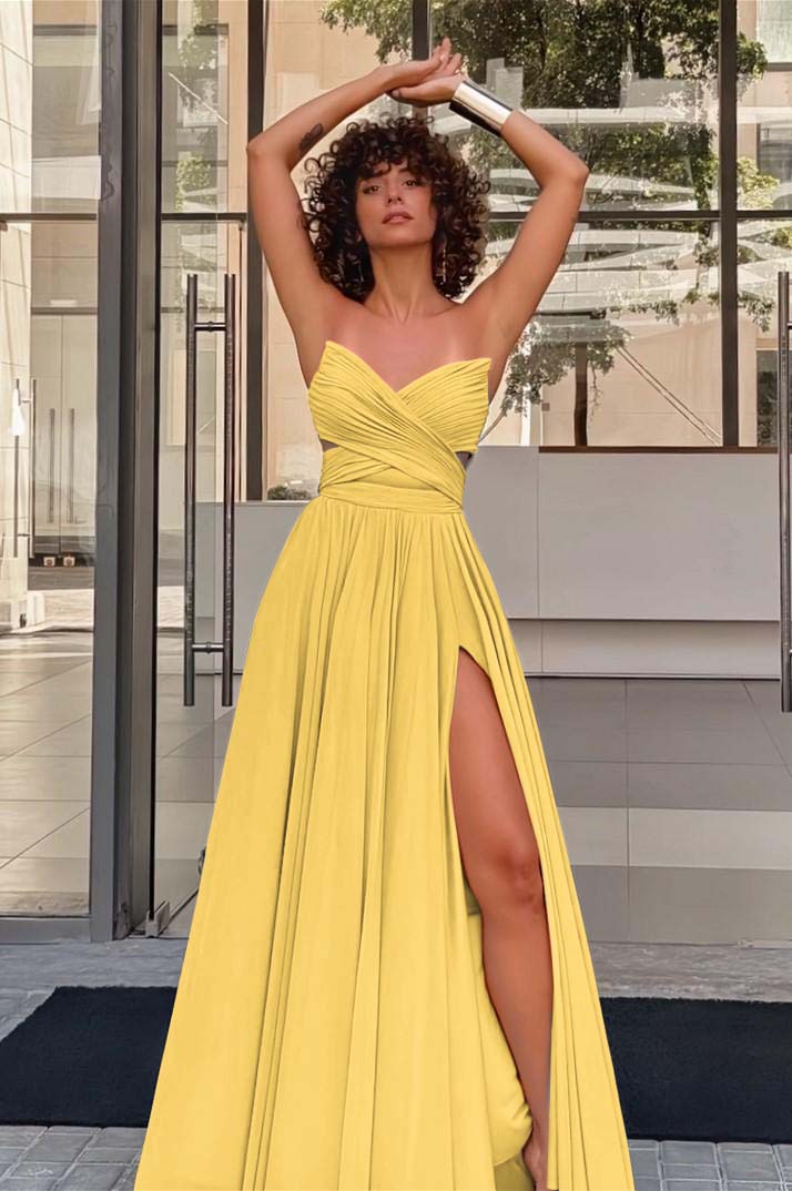 Strapless Sleeveless Long High Split Prom Dress With Pleated BMBRIDE