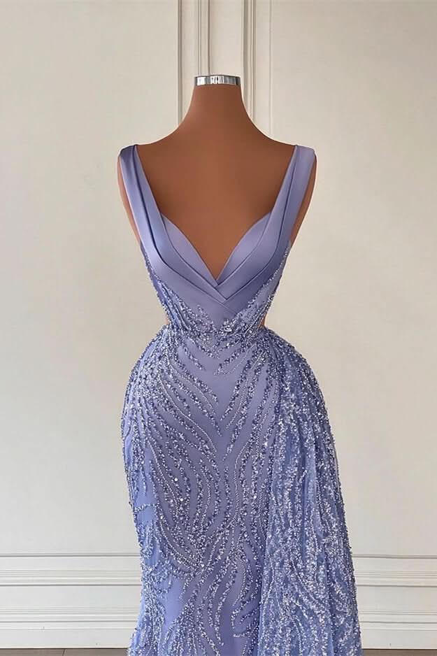 Gorgeous Violet V-Neck Mermaid Prom Dress with Beadings and Sequins BM bride
