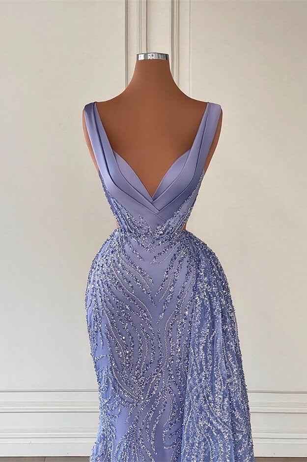 Charming Violet V Neck Mermaid  Prom Dress With Beadings Sequins
