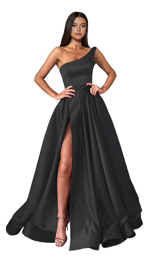 One Shoulder Long Slit Prom Dress BM bride