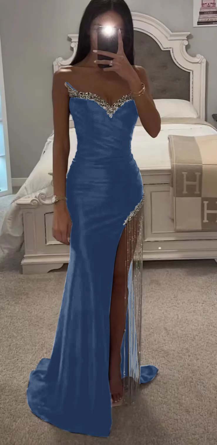 Strapless Sleeveless Long Mermaid Prom Dress With Split Tassel Beading BMBRIDE