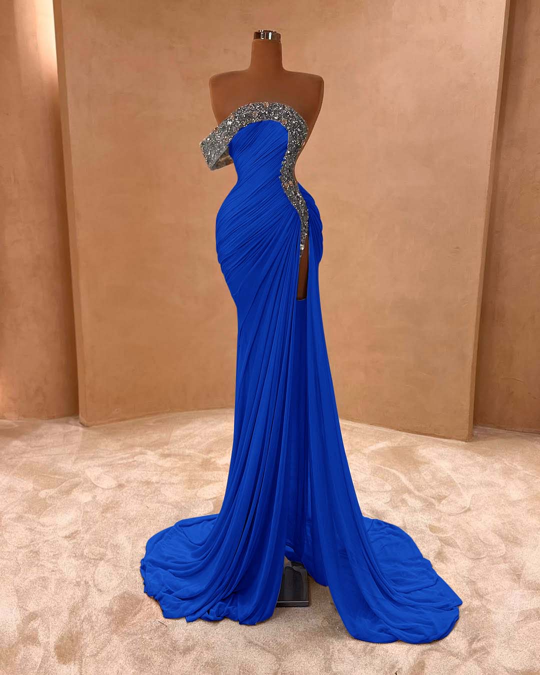 One Shoulder Sleeveless Long Split Prom Dress With Pleated Sequins BMBRIDE