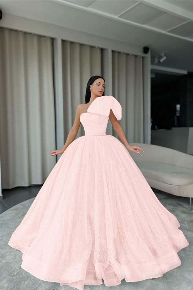 Orange One-Shoulder Ball Gown Evening Dress with Sequins BM bride