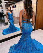 Blue Sequined Appliqued Sleeveless Spaghetti-Straps Mermaid Prom Dress BM bride