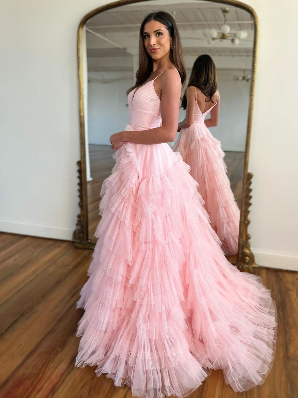 Charming A-Line Spaghetti Straps Tiered Tulle Prom Dress BM bride