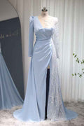 Baby Blue A Line Prom Dress Long Sleeves With Sparkle Sequins Ruffles
