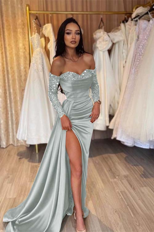 Off the Shoulder Long Sleeves Long Mermaid Prom Dress With Pleated BMBRIDE
