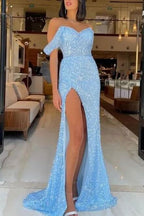 Vintage Sky Blue Sweetheart Straps Sequins Slit Mermaid Evening Dress Tulle with Detachable Ruffles BM bride