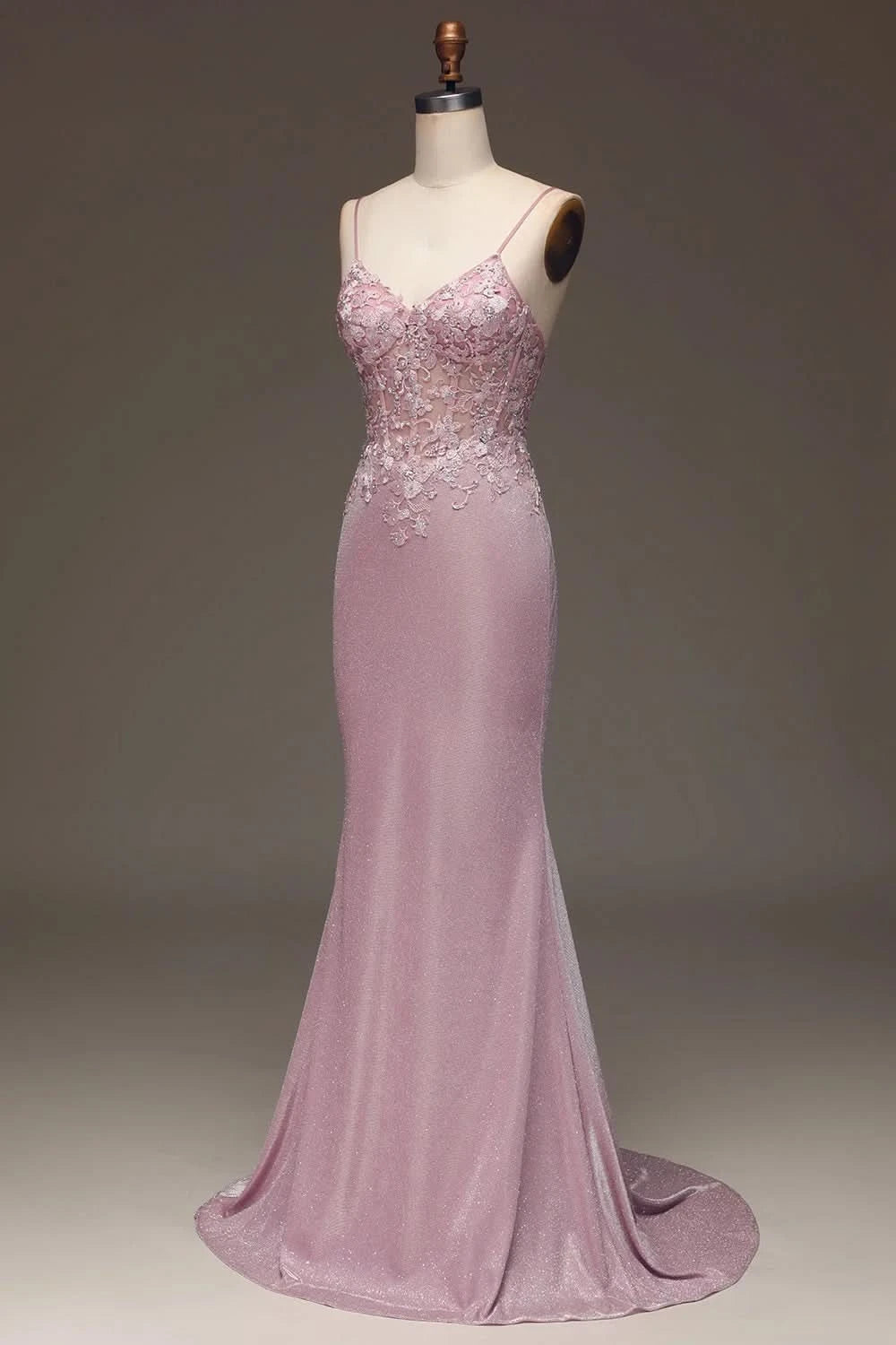 Elegant Pink Spaghetti-Strap Shining Sleeveless Prom Dress BM bride