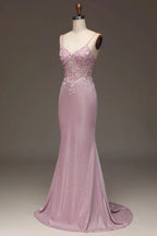 Elegant Pink Spaghetti-Strap Shining Sleeveless Prom Dress BM bride