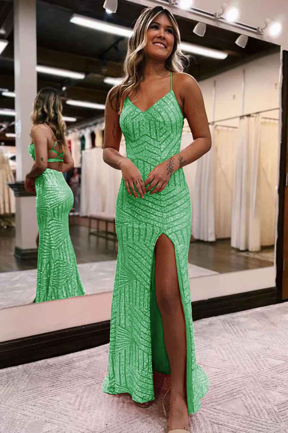 Sheath Spaghetti Straps Orange Sequins Long Prom Dress with Criss Cross Back