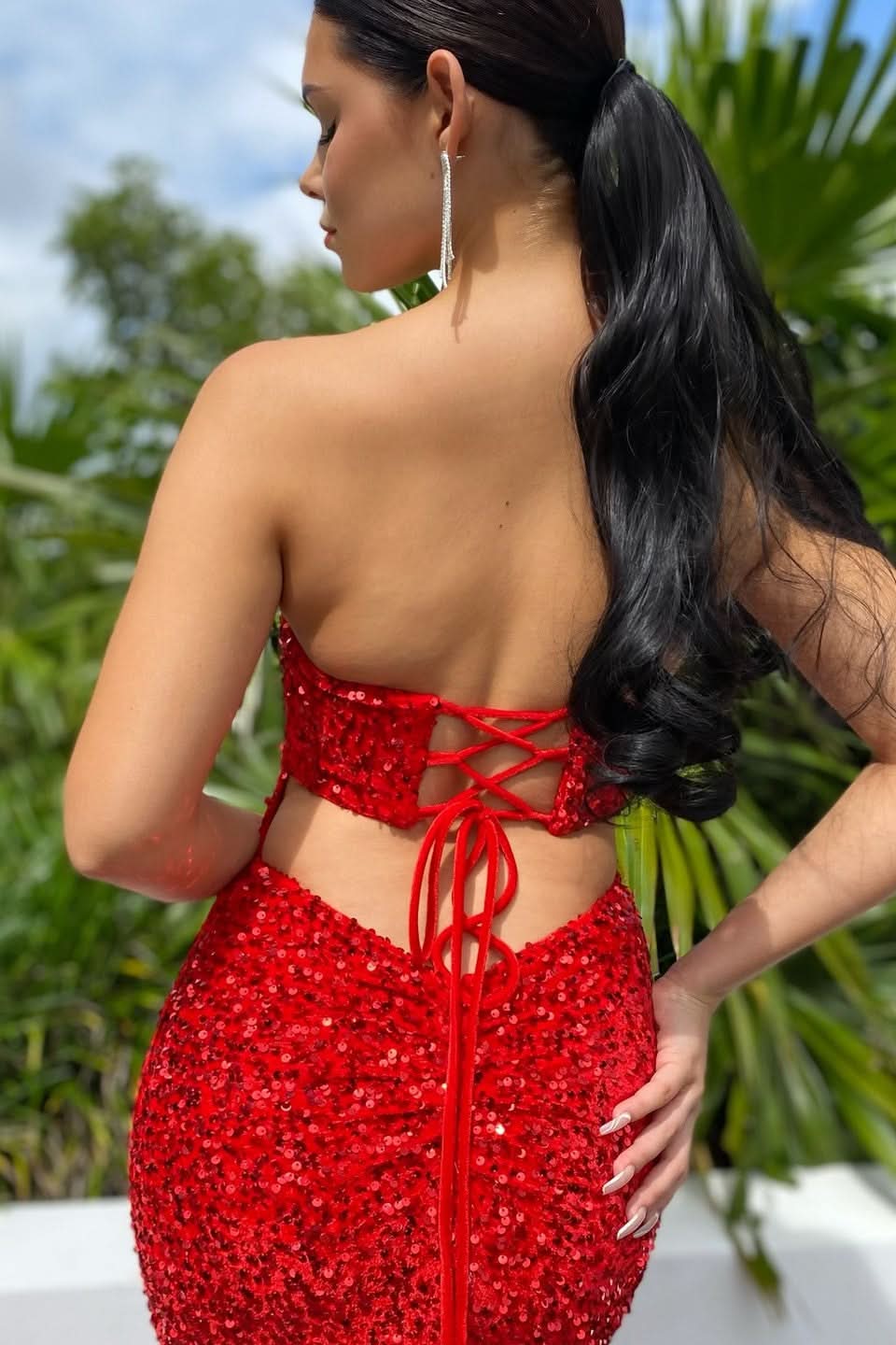 Red Sweetheart Long Mermaid Prom Dress with Sequins BM bride