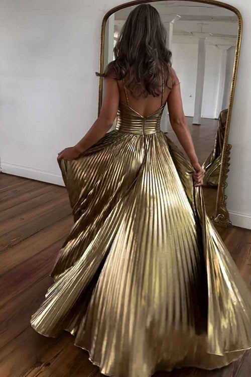 Sparkly A Line Halter Neck Gold Long Prom Dress with Keyhole Slit BMBRIDE