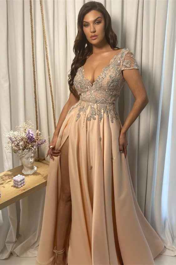 Champagne Lace V Neck Appliques With High Split Long Prom Dress