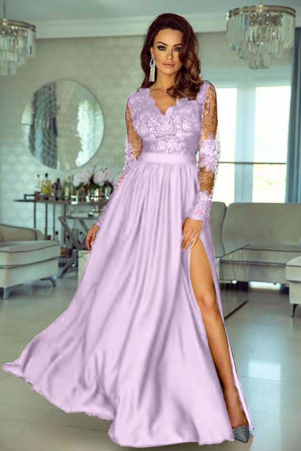Charming V Neck Long Sleeves Lace A Line Long Prom Dress With Side Split BMBRIDE