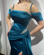 Ink Blue Prom Dress Spaghetti Strap With Sleeveless High Split