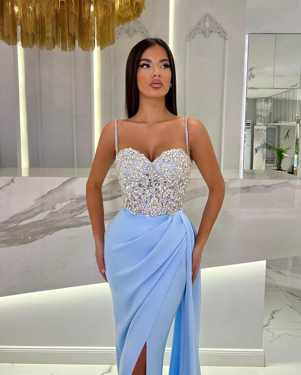 Baby Blue Prom Dress with High Slit, Spaghetti Strap Sweetheart Appliques BM bride