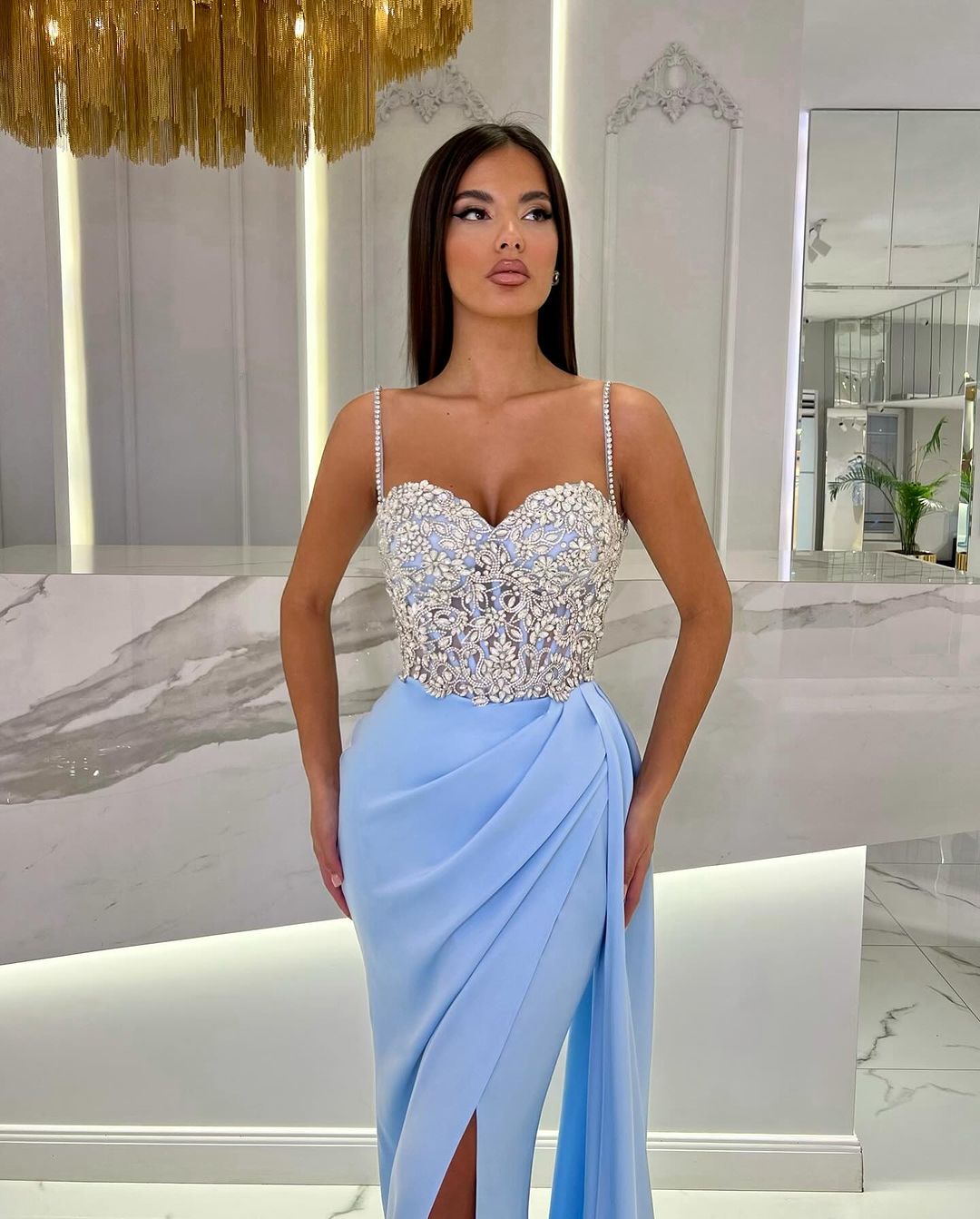 Prom Dress Baby Blue With High Slit Spaghetti Strap Sweetheart Appliques BMBRIDE