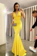 Yellow Backless Mermaid Evening Dress BM bride