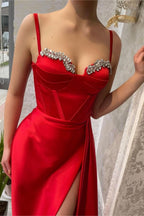 Red Charmeuse Spaghetti-Strap Gown with Beaded High Slit BM bride