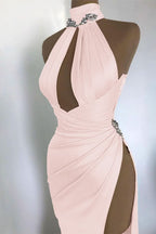 Elegant Sexy Champagne Gold Evening Dress Off-the-Shoulder High Neck with Pleated Slit BM bride