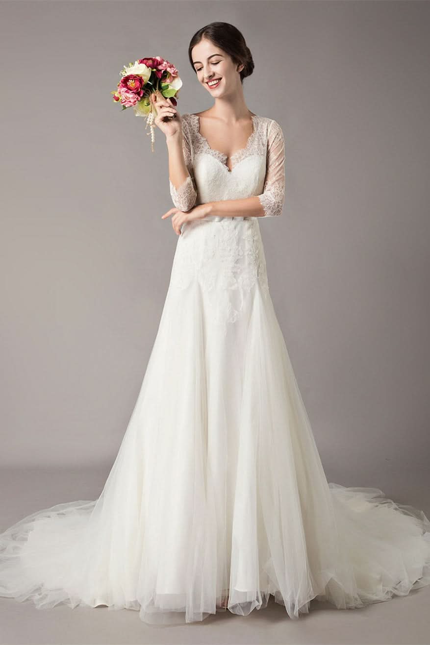Half Sleeve Lace Beach Wedding Dress BM bride