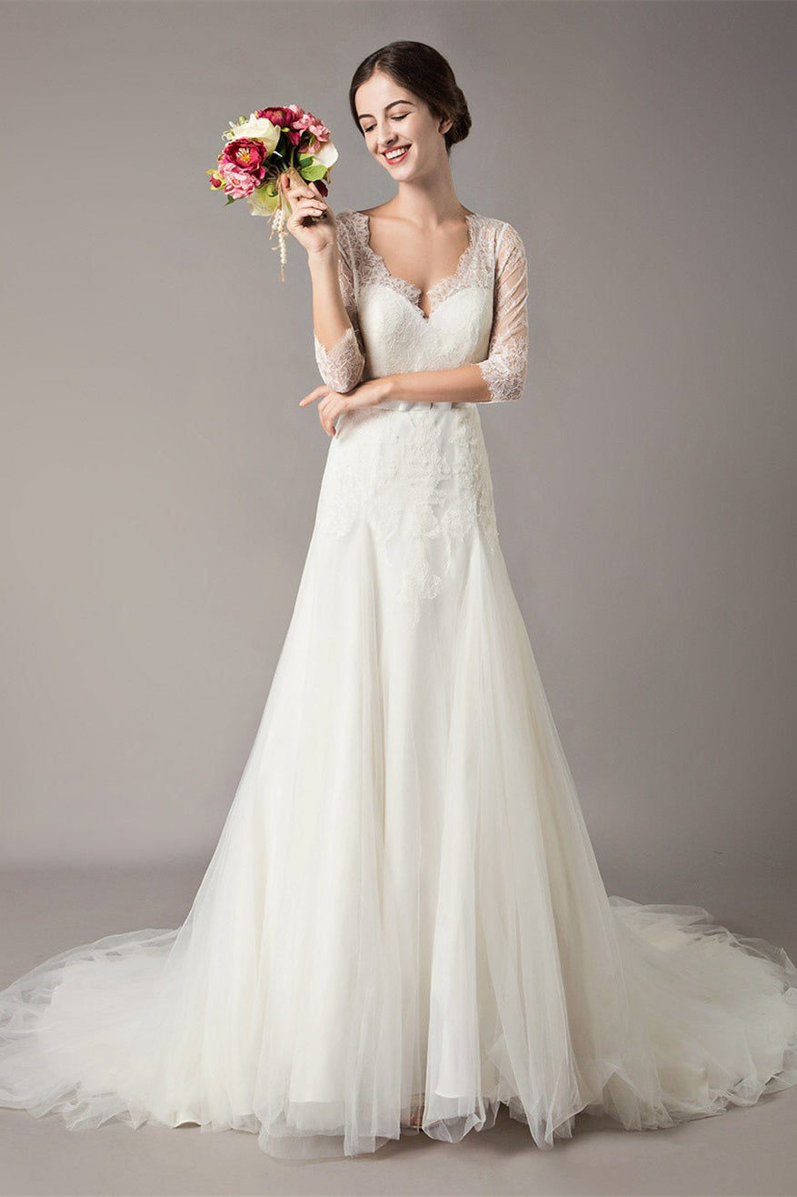 Half Sleeve Lace Beach Wedding Dress BM bride