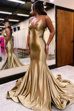 Glamorous Golden Sleeveless V-Neck Backless Mermaid Prom Dress BM bride
