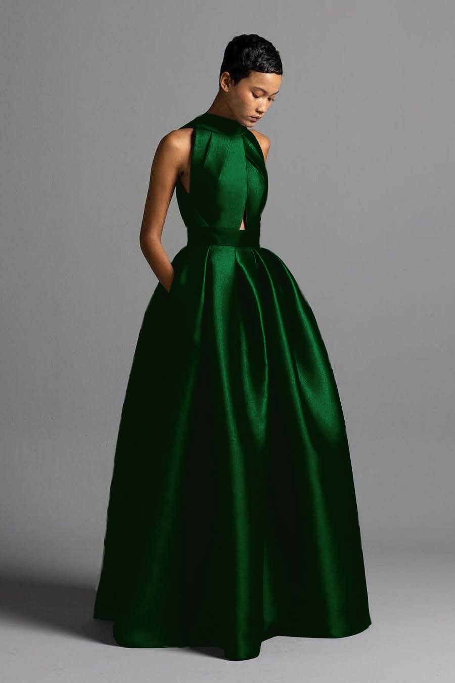 Halter Sleeveless High Waist Long Prom Dress With Pocket Pleated BMBRIDE