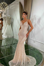 Gorgeous Champaign Gold Straps Sleeveless Mermaid Long Prom Dress With Beading