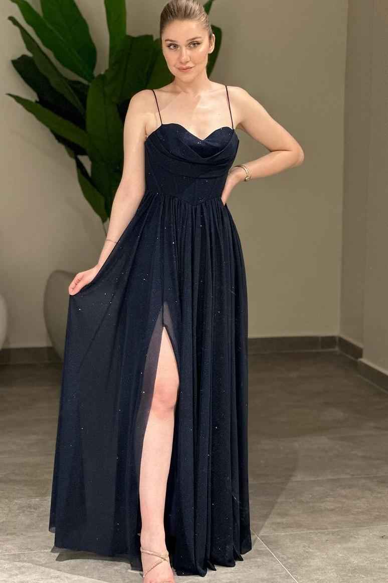 Red Spaghetti Strap Sleeveless A Line Split Long Prom Dress With Sequins