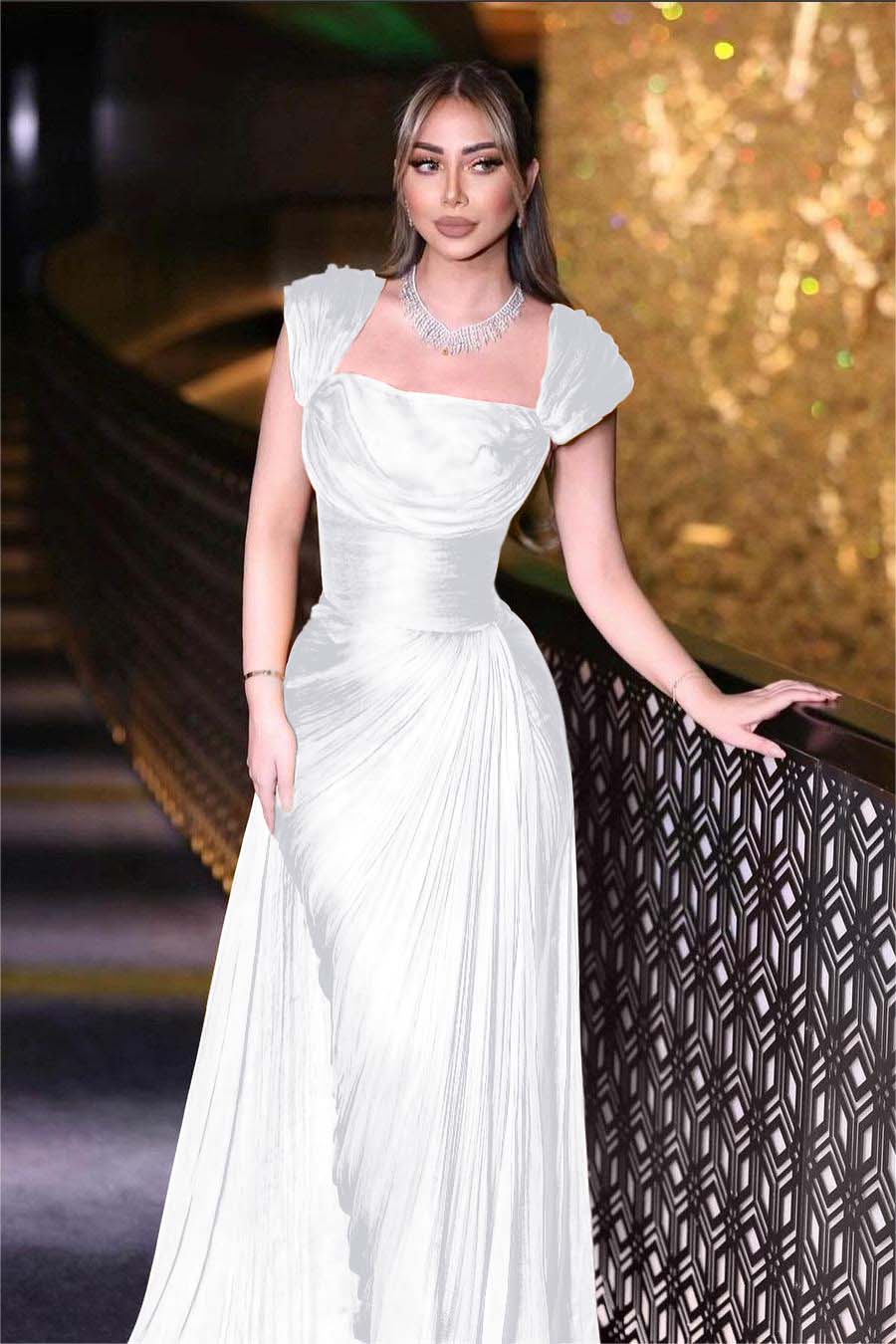 Daffodils Square Neck Sleeveless High Waist Long Pleated Prom Dress With Split BMBRIDE