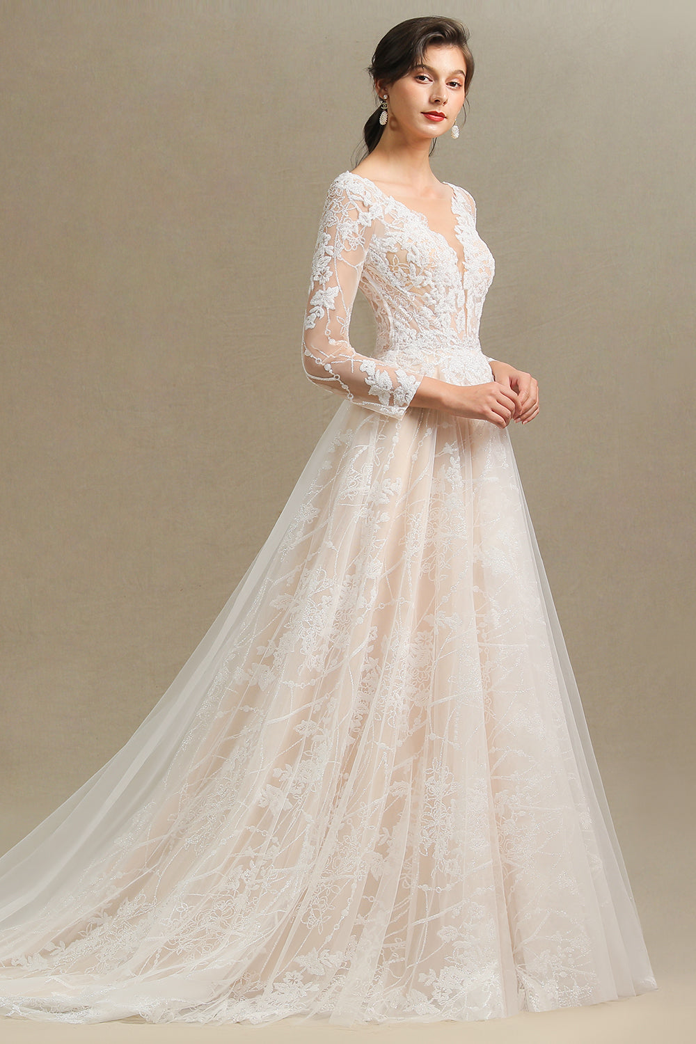 Sheer Long Sleeve A-Line Illusion Tulle Wedding Dress with Lace BM bride