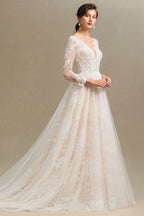 Sheer Long Sleeve A-Line Illusion Tulle Wedding Dress with Lace BM bride