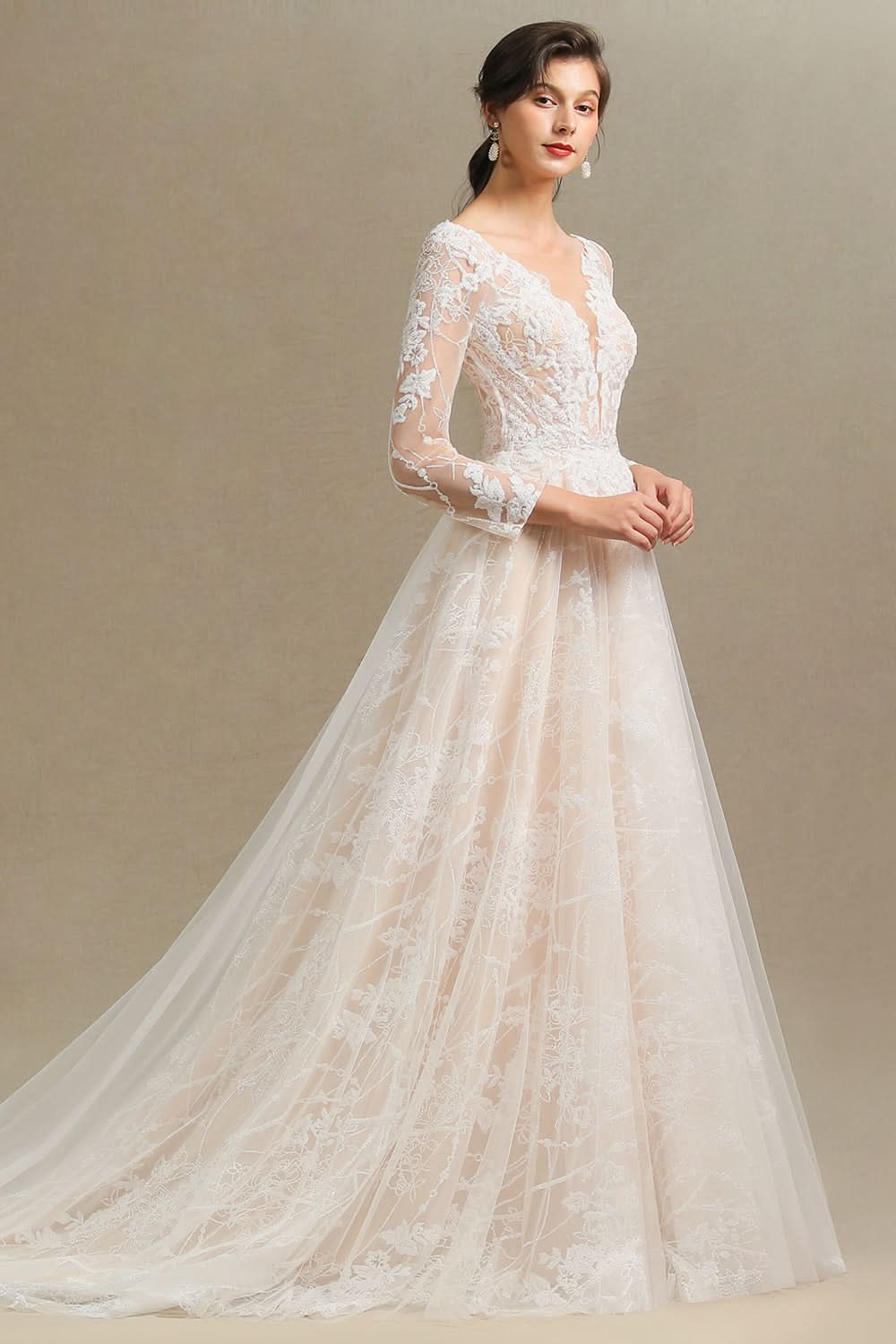 Sheer Long Sleeve A-Line Illusion Tulle Wedding Dress with Lace BM bride