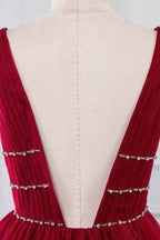 Burgundy V Neck Sleeveless A Line Long Prom Dress With Beading