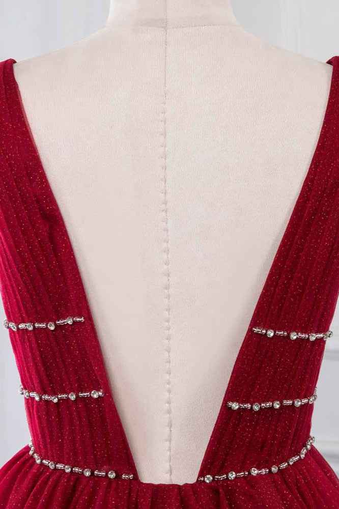 Burgundy V Neck Sleeveless A Line Long Prom Dress With Beading