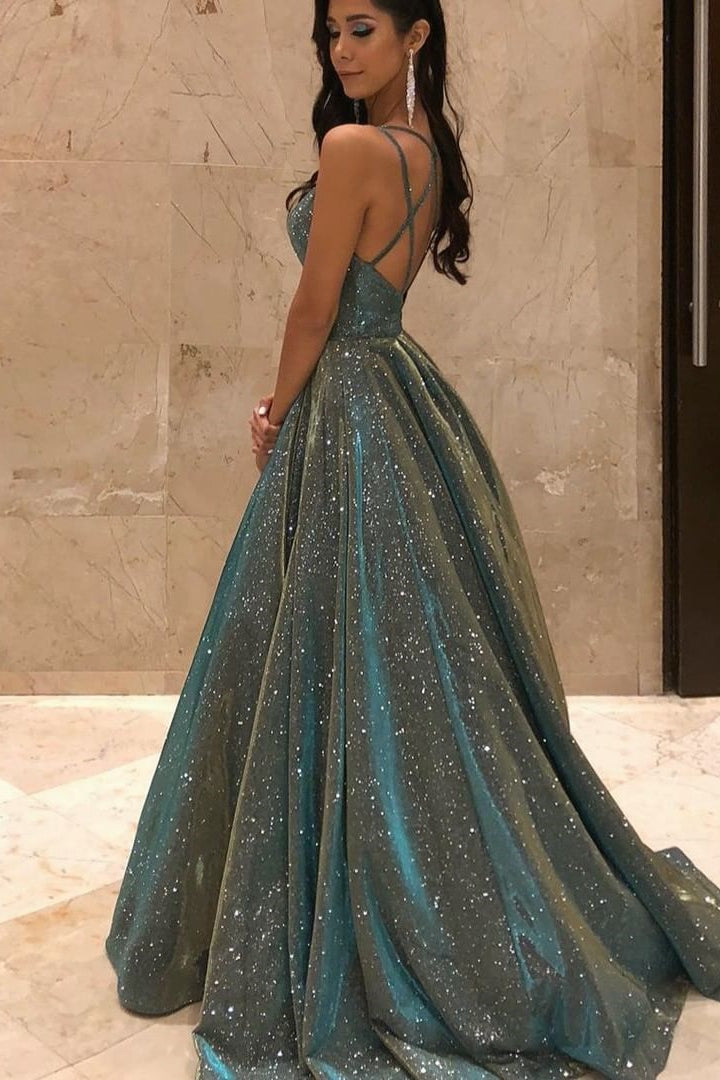 Shimmering Spaghetti-Straps V-Neck Long Sleeveless Sequined Prom Dress BM bride