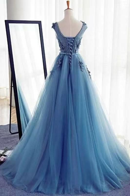Gorgeous Jewel Sleeveless A-Line Tulle Prom Dress with Appliques BM bride