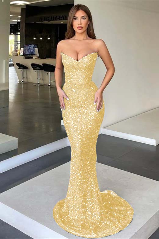Black Strapless Sleeveless Long Mermaid Prom Dress With Sequins BMBRIDE