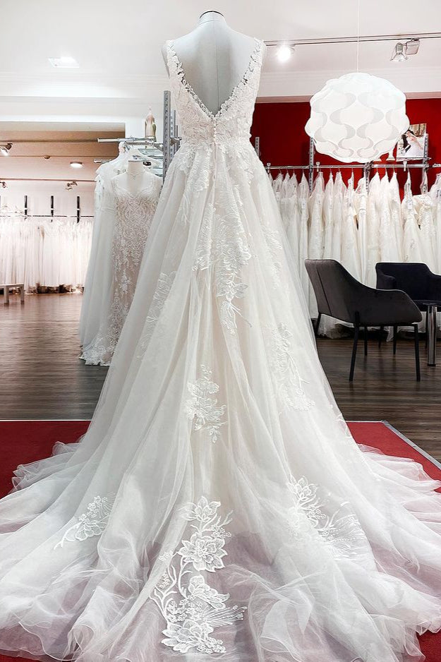 Elegant A-line Tulle V-Neck Open Back Wedding Dress With Lace Ruffles BM bride