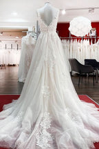 Elegant A-line Tulle V-Neck Open Back Wedding Dress With Lace Ruffles BM bride