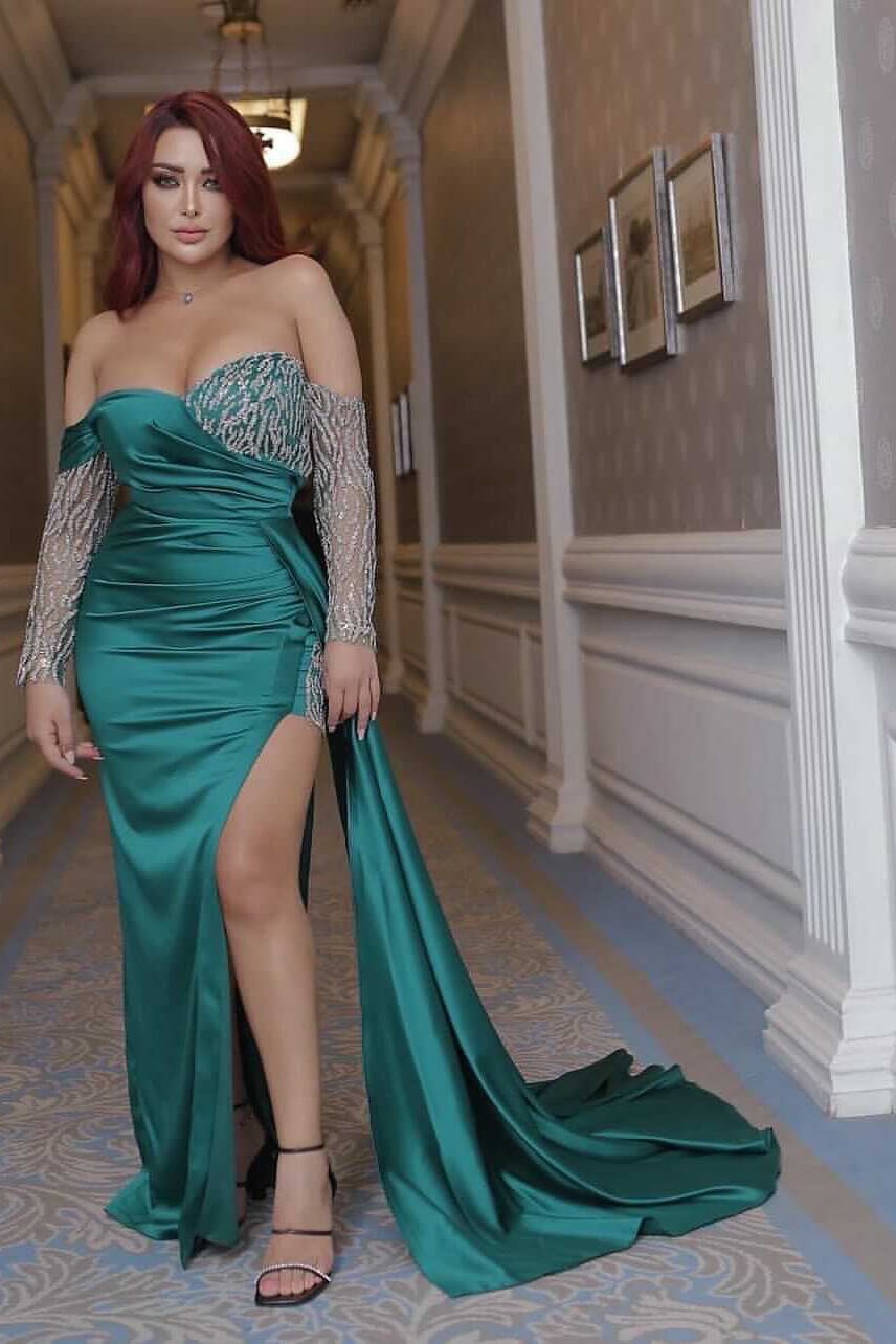 Sexy Emerald Green Off the Shoulder Long Sleeves Mermaid Prom Dress With Beading Split BMBRIDE