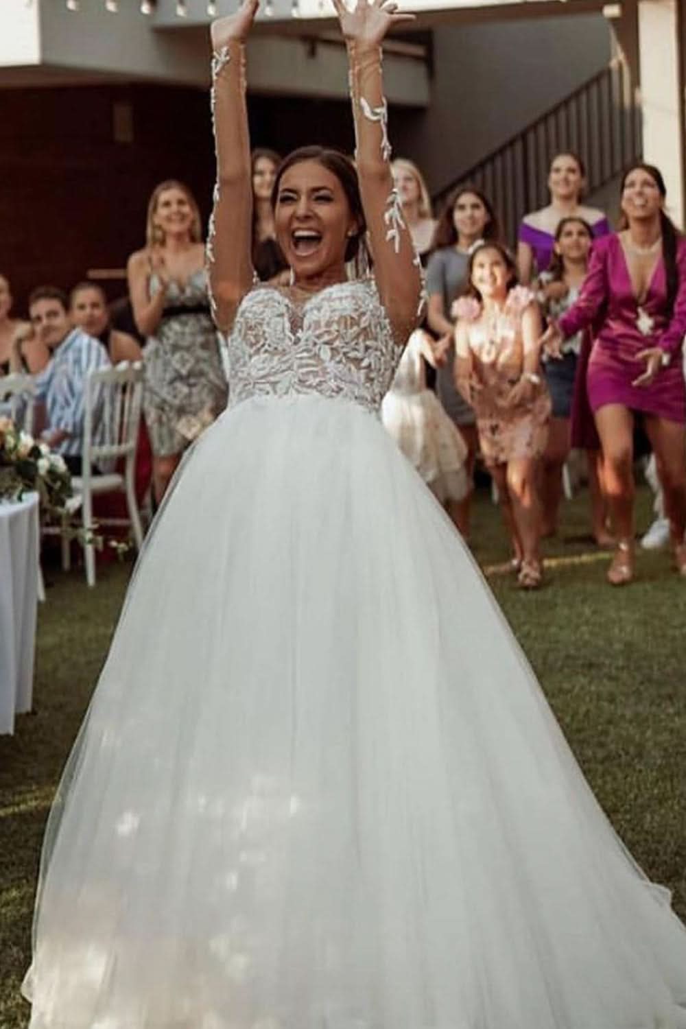 Long Sleeve A-Line Sheer Tulle Wedding Dress with Lace BM bride