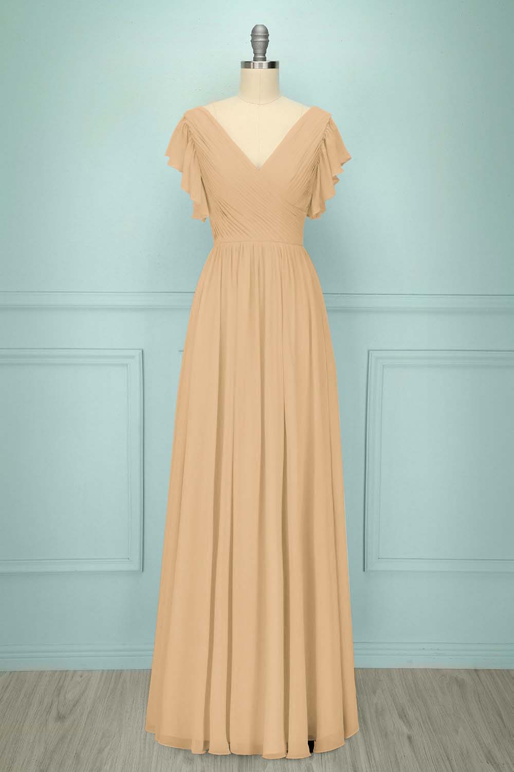 Chiffon V Neck Sleeveless Long Prom Dress With Pleated Ruffle