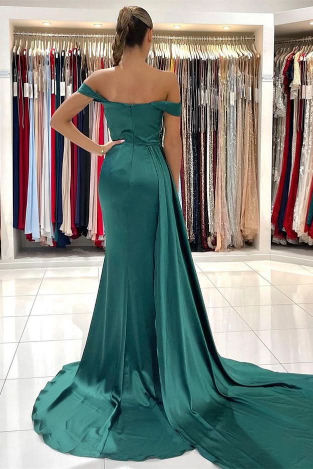 Dark Green Off-the-Shoulder Mermaid Long Prom Dress with Split and Ruffles BM bride