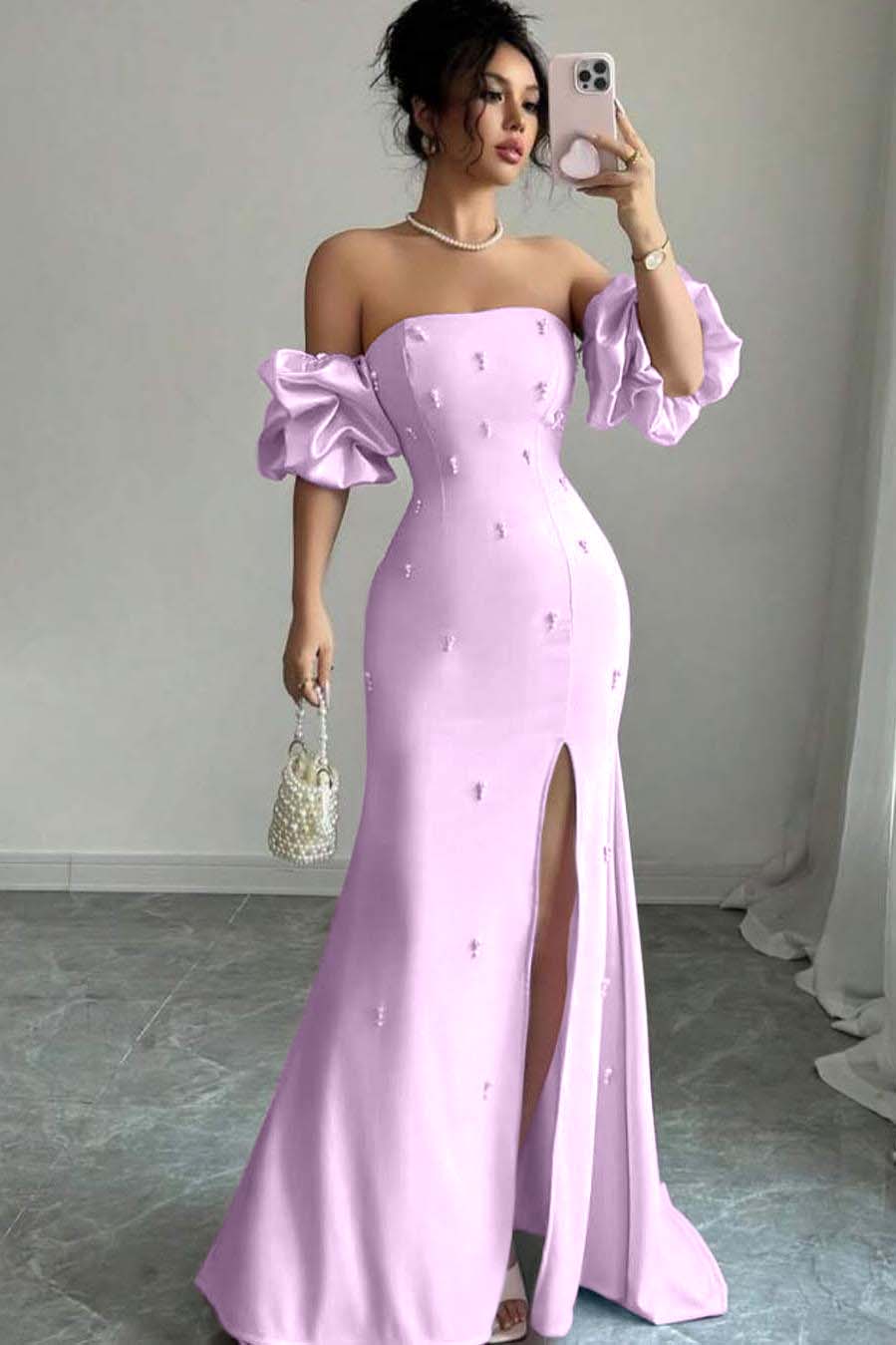 Strapless Bubble Sleeves Long Split Prom Dress With Beading BMBRIDE