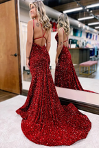 Sparkly Baby Blue Sequin Mermaid Prom Dress with Long Sleeveless V-Neck Backless BM bride