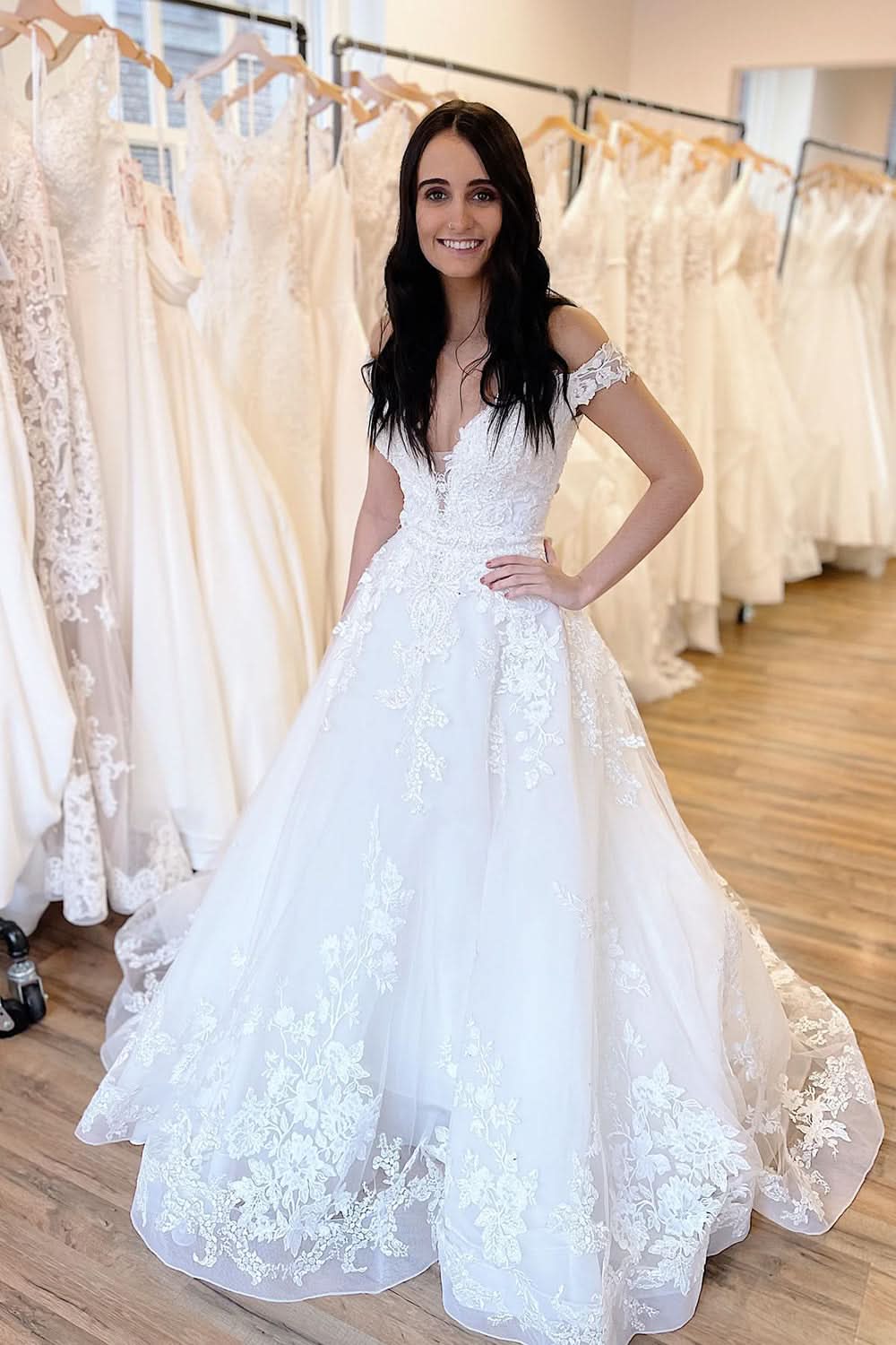 Off-the-Shoulder Sweetheart Train Wedding Dress with A-Line Lace Appliques BM bride