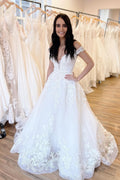 Off-the-Shoulder Sweetheart Train Wedding Dress with A-Line Lace Appliques BM bride